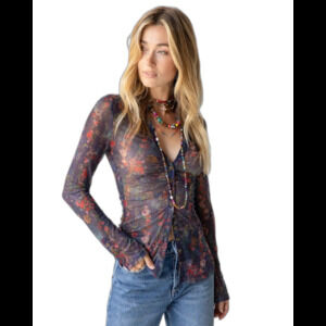 Natural Life Carina mesh top L Multicolor Sheer Floral Ruched Button shirt boho